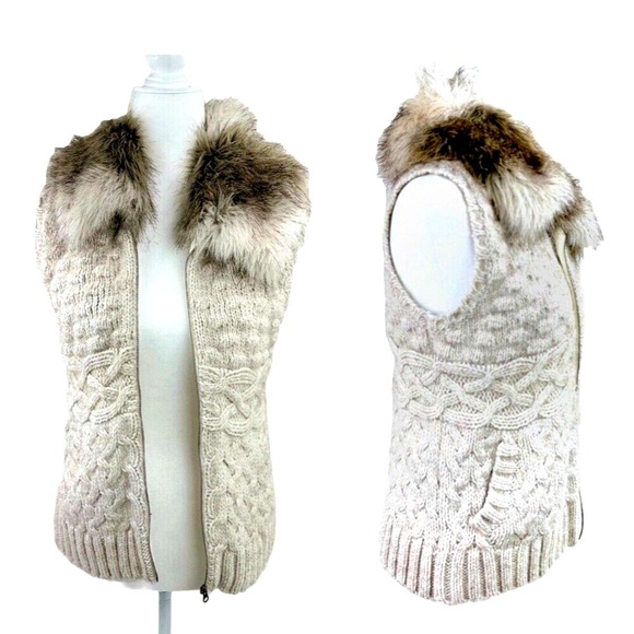 Loft Wool Alpaca Blend Cable Knit Sweater Vest Faux Fur Collar Zip Up Brown S/M* - Picture 5 of 15